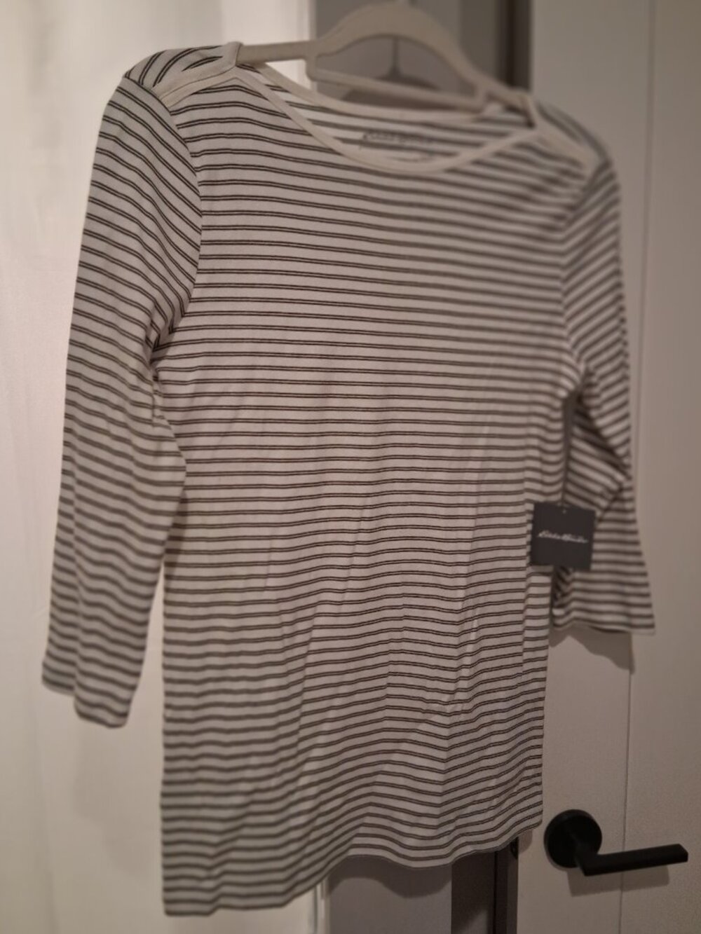 NWT Eddie Bauer Cream Green Striped Boat Neck Top 100% Cotton 3/4 Sleeve Med M